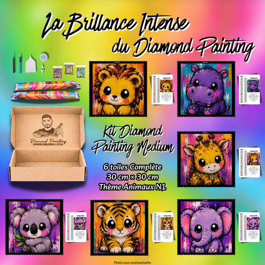 Kit Diamond Painting Medium Animaux N°1 avec 6 toiles de 30x30 cm et accessoires complets