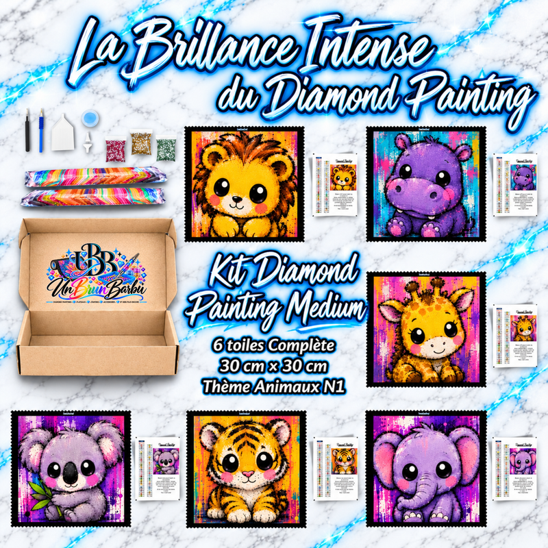 Kit Diamond Painting Medium Animaux N°1 UnBrunBarbu avec 6 toiles de 30 × 30 cm représentant un lionceau, un hippopotame, une girafe, un koala, un tigreau et un éléphanteau kawaii colorés, avec accessoires complets de broderie diamant.