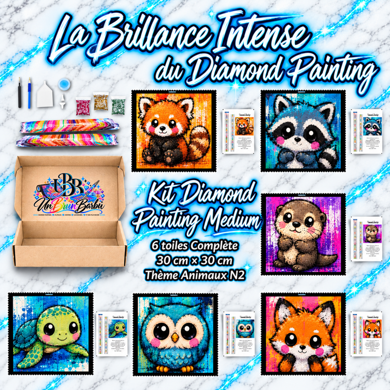 Kit Diamond Painting Medium Animaux N°2 UnBrunBarbu avec 6 toiles de 30 × 30 cm représentant un panda roux, un raton laveur, une loutre, une tortue, une chouette bleue et un renard kawaii, avec accessoires complets de broderie diamant.