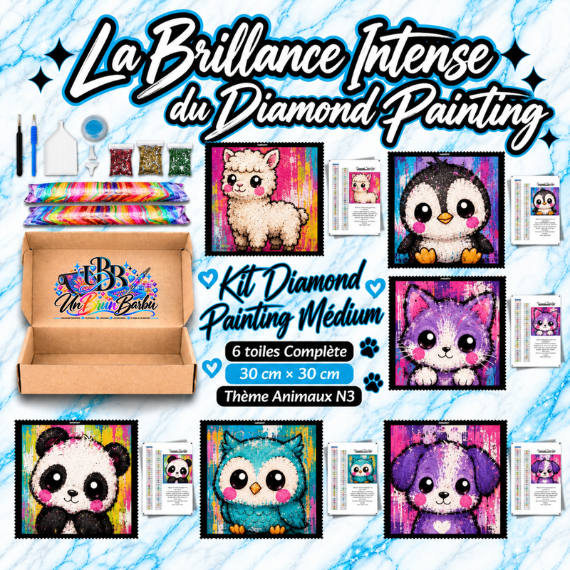 Kit Diamond Painting Medium Animaux N°3 UnBrunBarbu avec 6 toiles de 30 × 30 cm représentant un alpaga, un pingouin, un chat violet, un panda, une chouette bleue et un chiot violet kawaii, avec accessoires complets de broderie diamant.