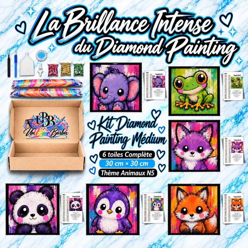 Kit Diamond Painting Medium Animaux N°5 UnBrunBarbu comprenant 6 toiles de 30 × 30 cm illustrant un éléphanteau violet, une grenouille verte, un renard violet, un panda, un pingouin et un renard roux kawaii, avec accessoires de broderie diamant.