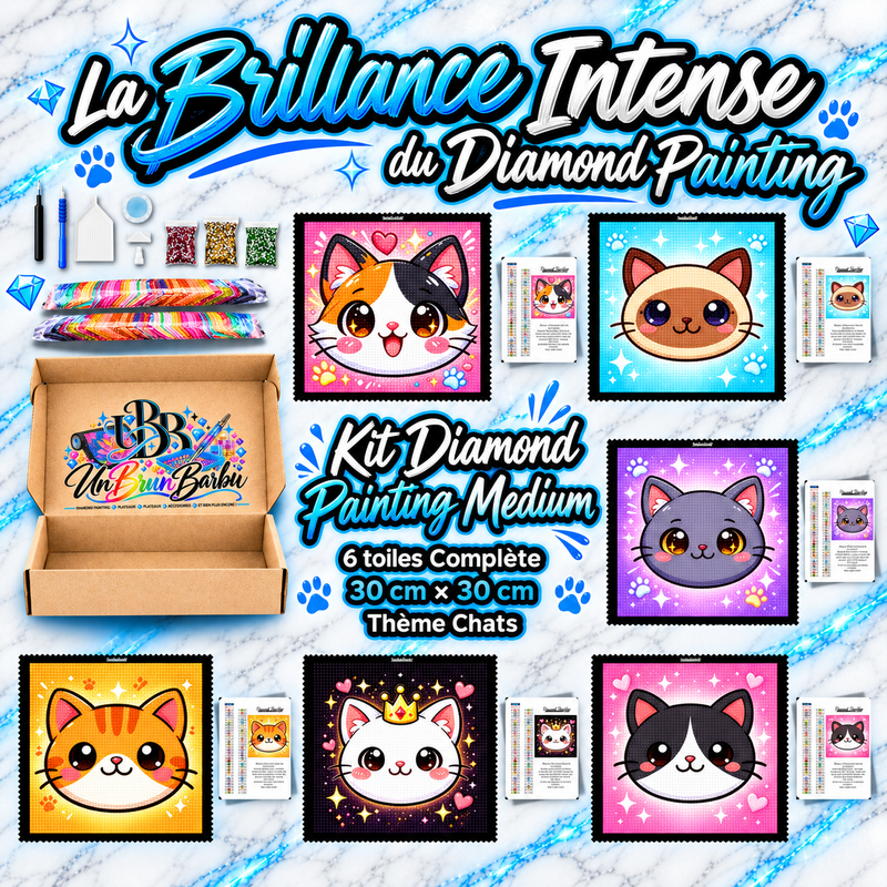 Kit Diamond Painting Medium Chats UnBrunBarbu comprenant 6 toiles de 30 × 30 cm avec des portraits de chats kawaii multicolores, dont un chat roux, un siamois et un chat couronné, accompagnés des accessoires complets de broderie diamant.