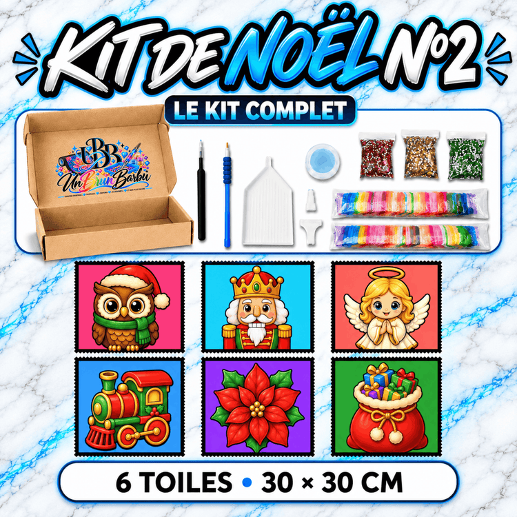 Kit Diamond Painting Médium Noël N°2 UnBrunBarbu comprenant 6 toiles de 30 × 30 cm illustrant une chouette de Noël, un casse-noisette, un ange, un train, une étoile de Noël et un sac de cadeaux, avec accessoires complets.