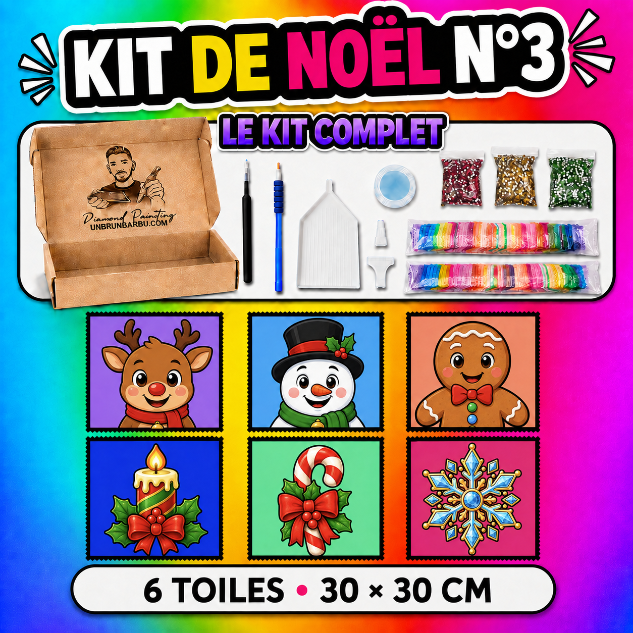 Kit Diamond Painting Medium Noël N°3 avec 6 toiles 30x30 cm et accessoires complets