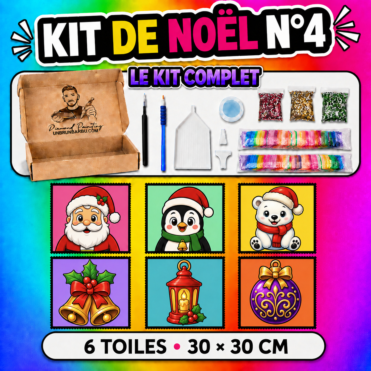 Kit Diamond Painting Medium Noël N°4 avec 6 toiles 30x30 cm et accessoires complets