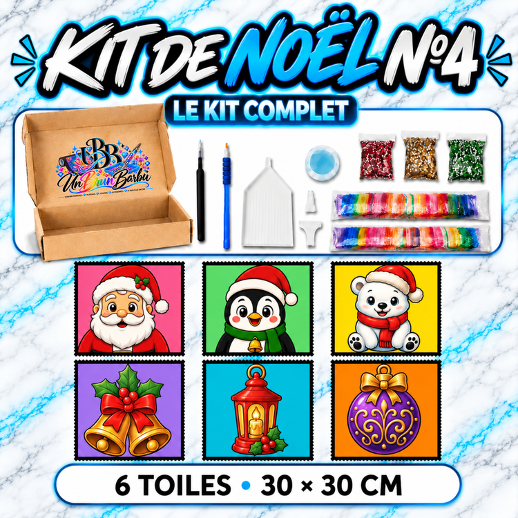 Kit Diamond Painting Médium Noël N°4 UnBrunBarbu avec 6 toiles de 30 × 30 cm représentant le Père Noël, un pingouin, un ours polaire, des cloches de Noël, une lanterne festive et une boule de Noël violette, avec accessoires complets.