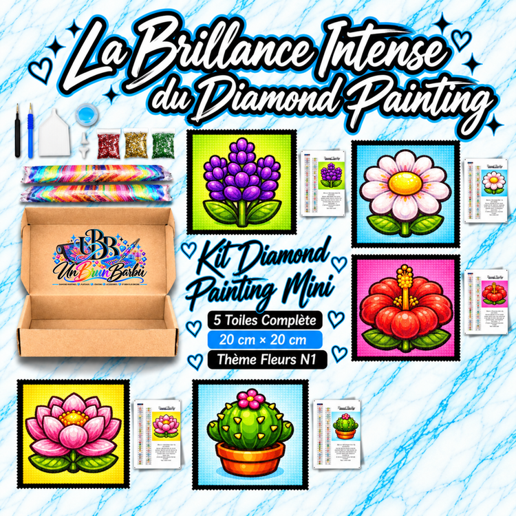 Kit Diamond Painting Mini Fleurs N°1 UnBrunBarbu avec 5 toiles de 20 × 20 cm représentant une jacinthe violette, une marguerite blanche, un hibiscus rouge, un lotus rose et un cactus fleuri, avec accessoires de broderie diamant.