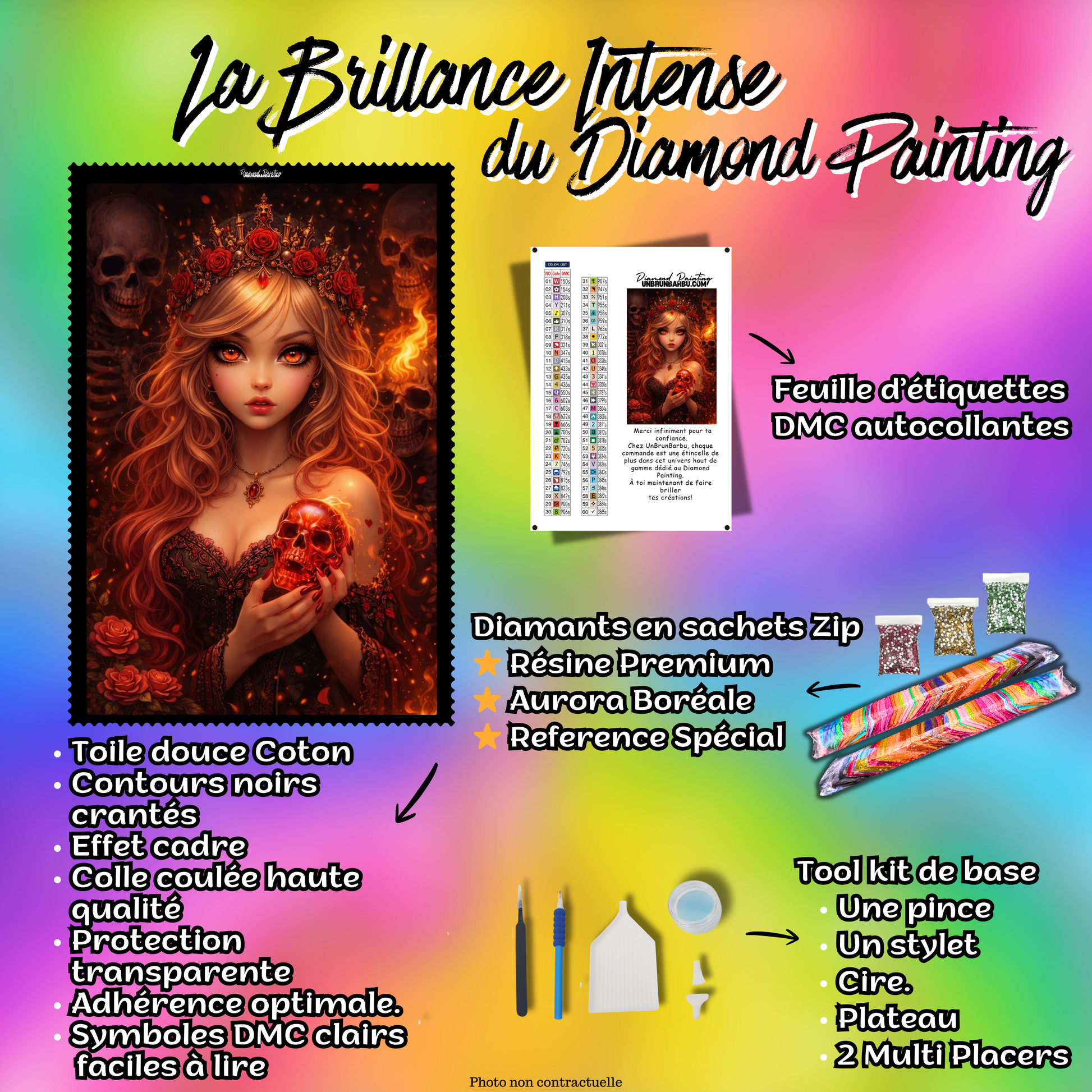 contenu kit diamond painting reine flammes crane accessoires
