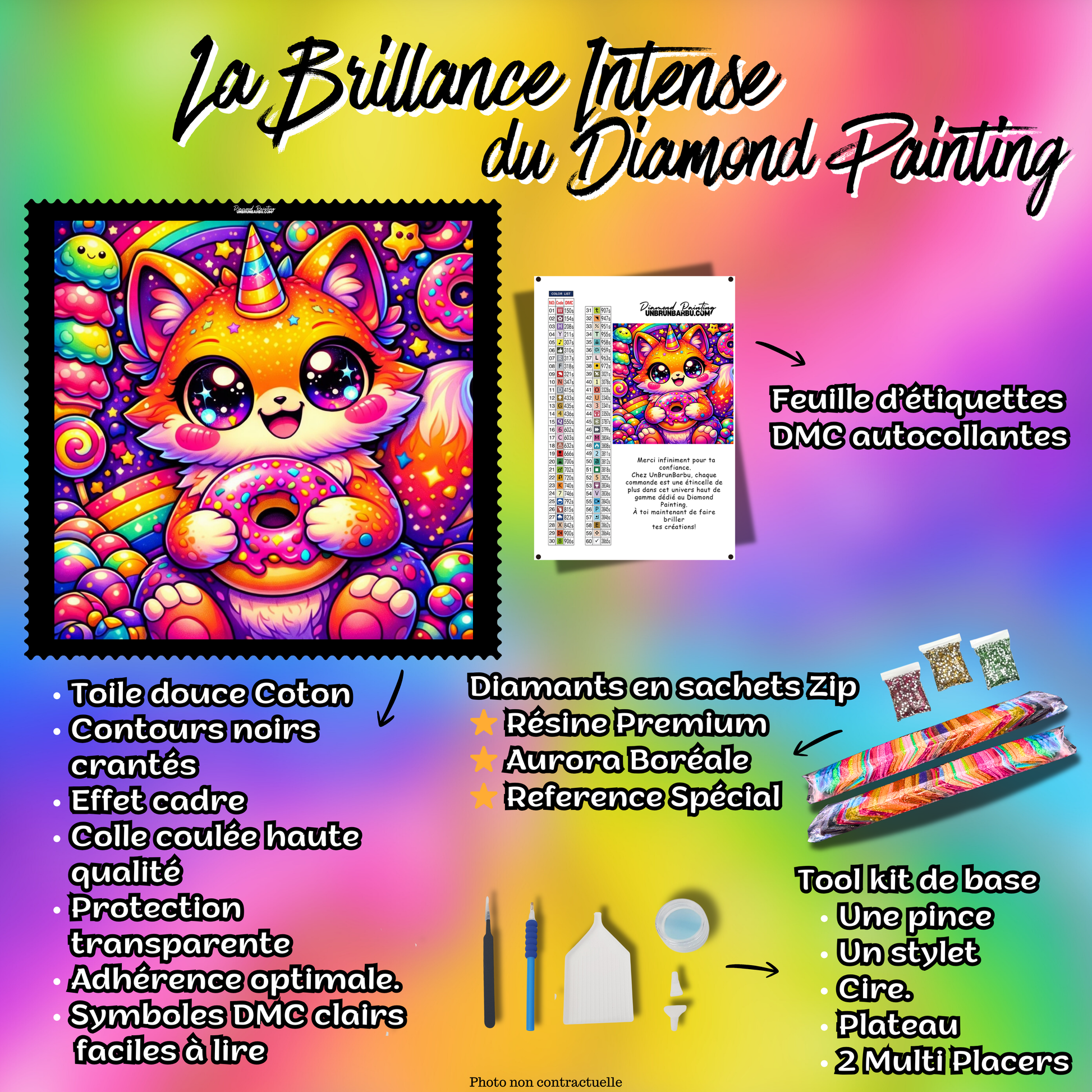 contenu kit diamond painting renard gourmand donut accessoires