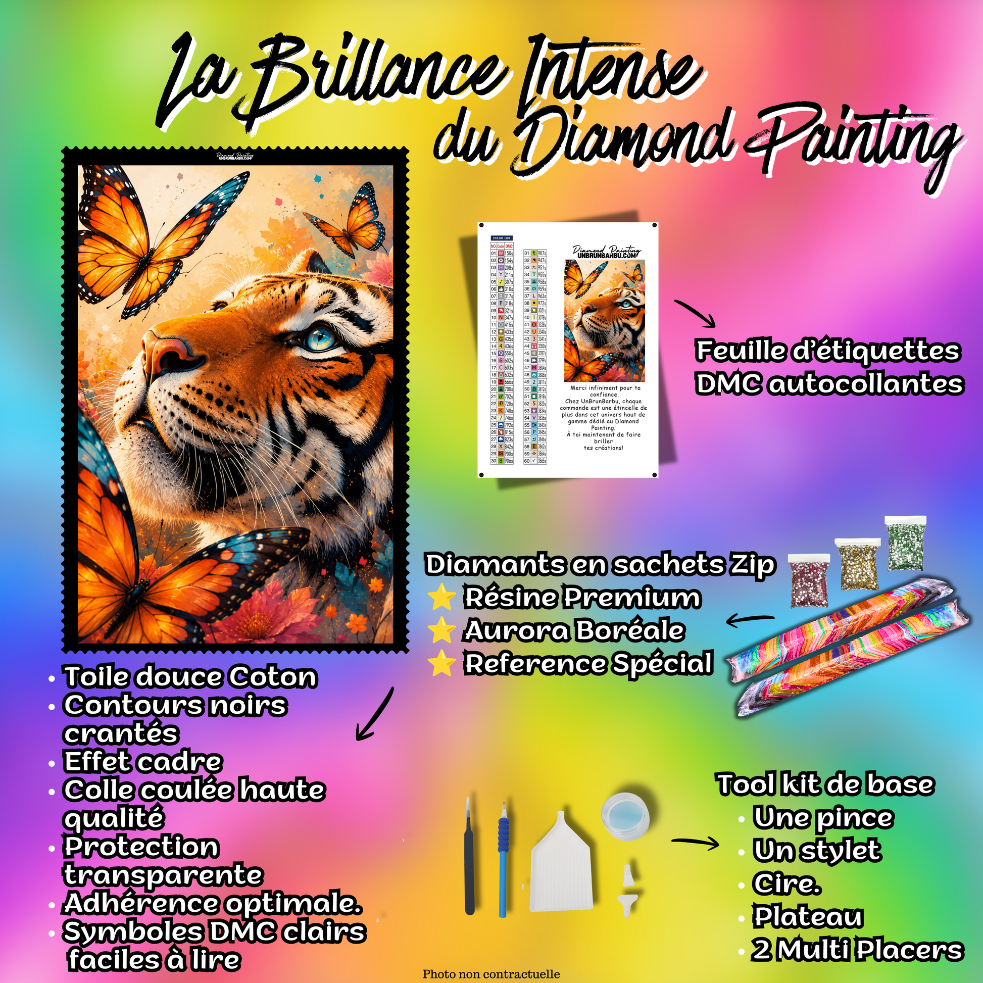 Kit complet Diamond Painting Tigre aux Papillons 50x70 cm avec diamants resine accessoires et etiquettes DMC