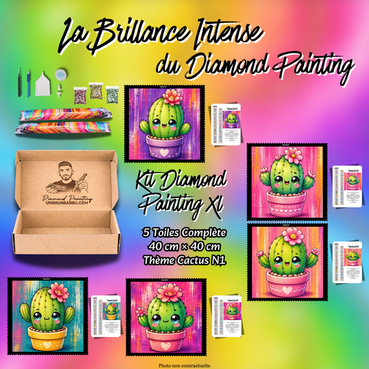 Kit Diamond Painting XL Cactus N°1 avec 5 toiles kawaii 40x40 cm et accessoires