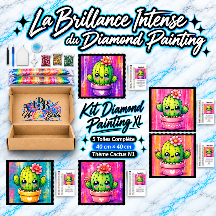 Kit Diamond Painting XL Cactus N°1 UnBrunBarbu comprenant 5 toiles de 40 × 40 cm représentant d'adorables cactus verts aux grands yeux, décorés de fleurs roses et de pots colorés, avec accessoires complets de broderie diamant.