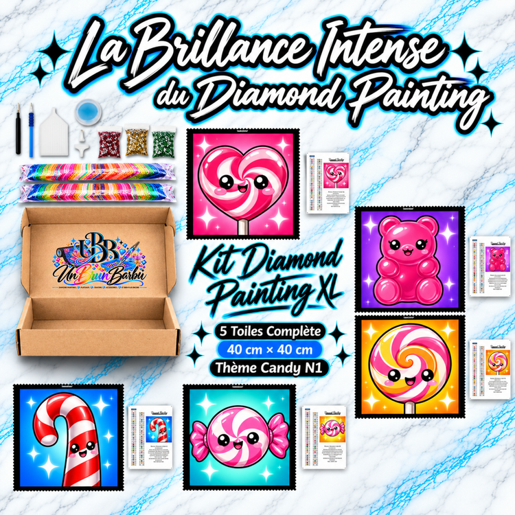 Kit Diamond Painting XL Candy N°1 UnBrunBarbu avec 5 toiles de 40 × 40 cm représentant des bonbons kawaii colorés : sucette cœur rose, ourson en gélatine, sucette ronde, sucre d'orge et bonbon emballé, avec accessoires complets de broderie diamant.