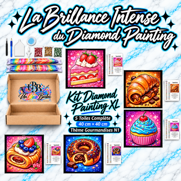 Kit Diamond Painting XL Gourmandises N°1 UnBrunBarbu avec 5 toiles de 40 × 40 cm illustrant un gâteau aux fraises, un croissant au chocolat, un cupcake bleu, un roulé aux fruits rouges et un donut chocolaté, avec accessoires complets.
