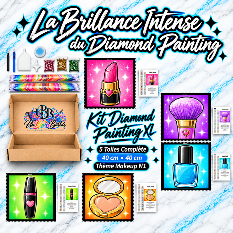 Kit Diamond Painting XL Makeup N°1 UnBrunBarbu avec 5 toiles de 40 × 40 cm représentant un rouge à lèvres rose, un pinceau de maquillage violet, un vernis bleu, un mascara noir et un poudrier cœur doré, avec accessoires complets de broderie diamant.