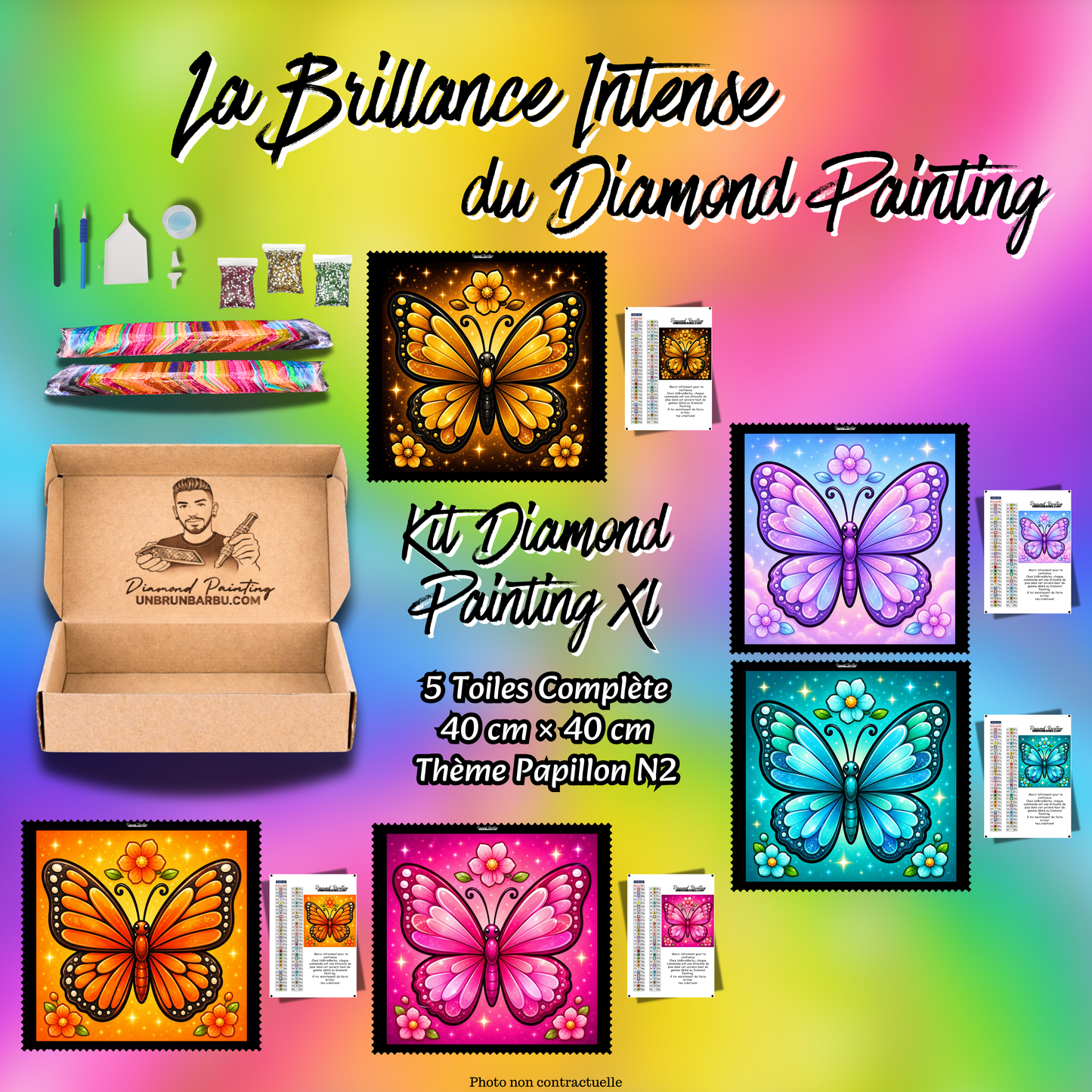 kit diamond painting xl papillons lumineux n2 5 toiles 40x40 kit complet
