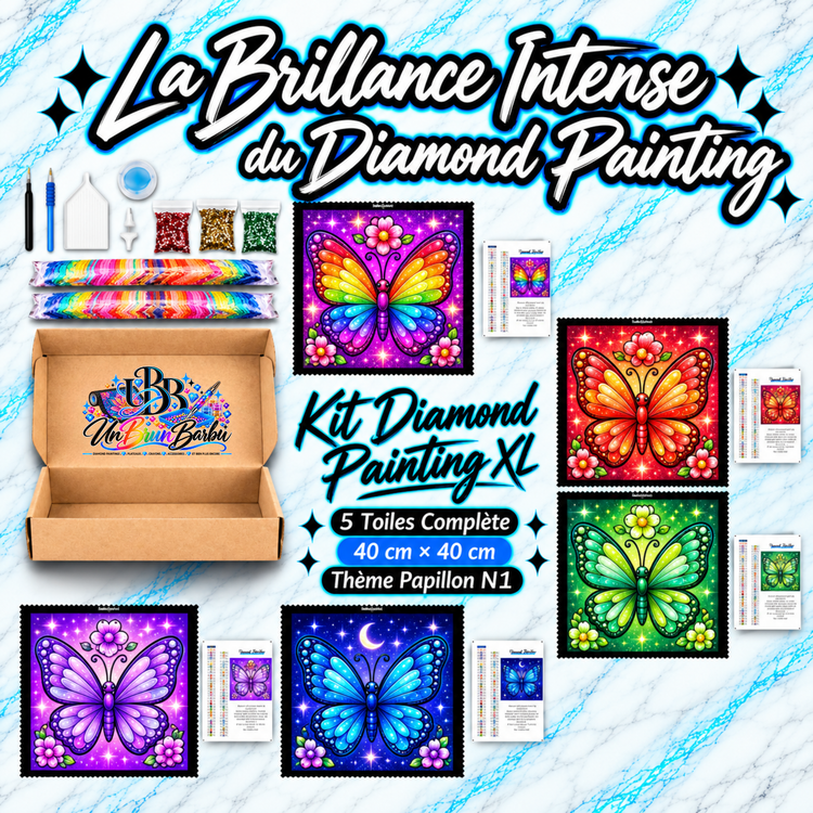 Kit Diamond Painting XL Papillons N°1 UnBrunBarbu avec 5 toiles de 40 × 40 cm représentant des papillons scintillants multicolores, rouges, verts, violets et bleus, accompagnés de fleurs, d'accessoires et de diamants pour broderie diamant.