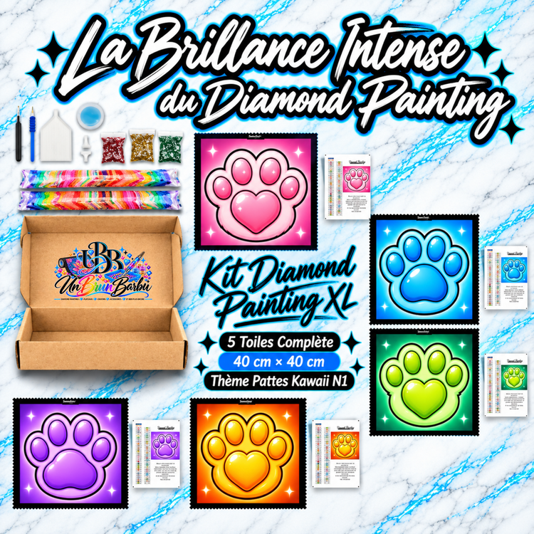 Kit Diamond Painting XL Pattes Kawaii N°1 UnBrunBarbu comprenant 5 toiles de 40 × 40 cm représentant des empreintes de pattes d'animaux brillantes, roses, bleues, vertes, violettes et orange, avec motifs en forme de cœur et accessoires complets.