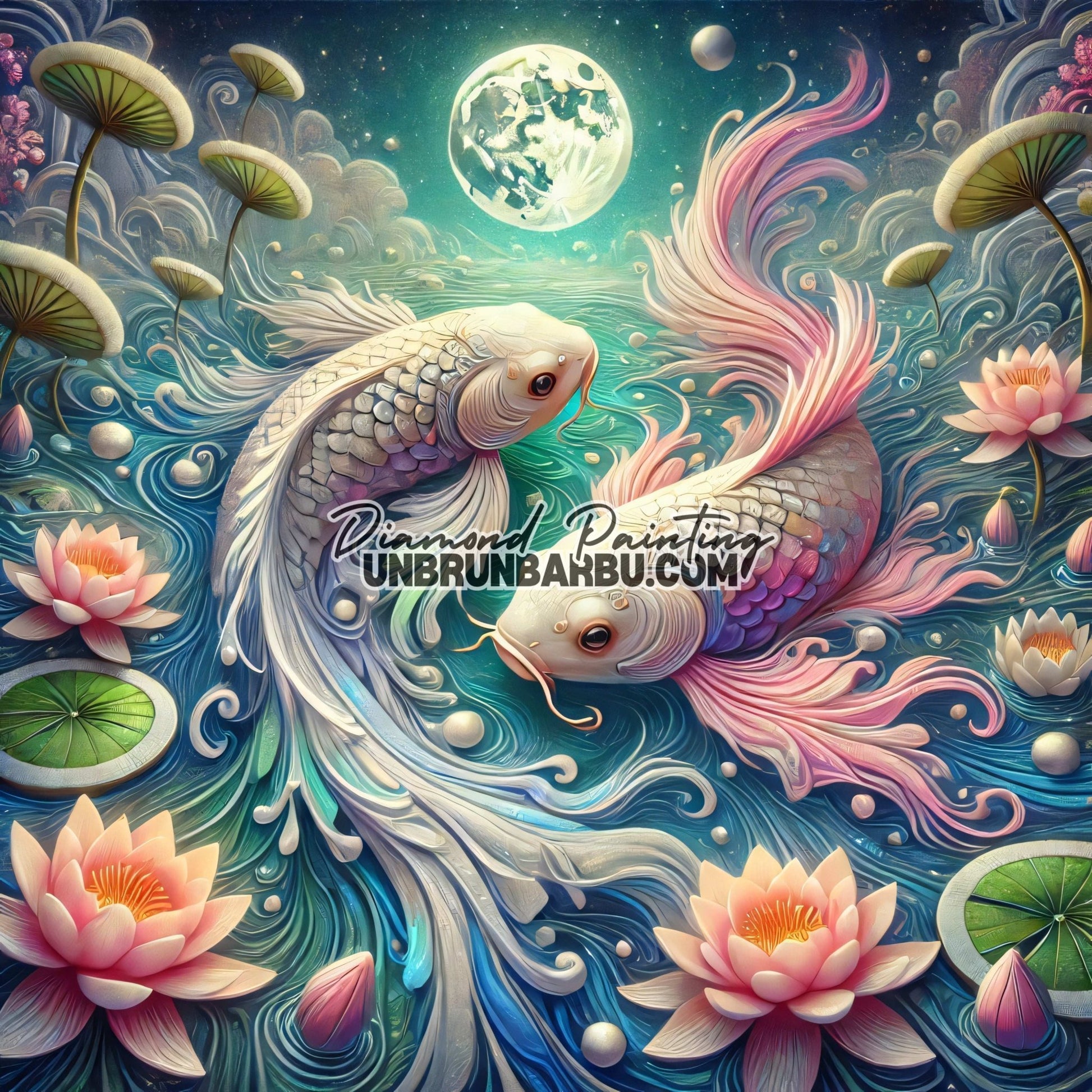 La Danse des Koi sous la Lune (100cm x 100cm) - UnBrunBarbu