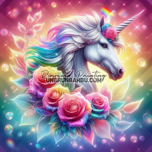 La Licorne des Roses Arc - en - Ciel (100cm x 100cm) - UnBrunBarbu