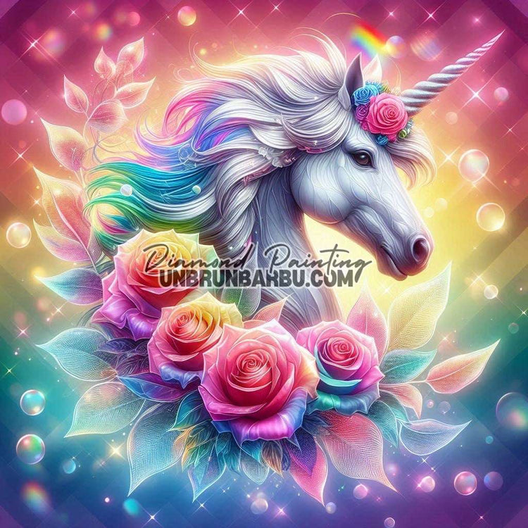 La Licorne des Roses Arc - en - Ciel (100cm x 100cm) - UnBrunBarbu