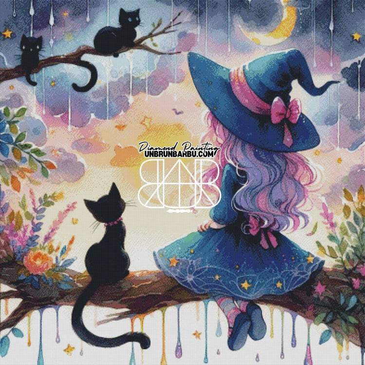 La Sorcière et ses Chats sous le Ciel Étoilé (100cm x 100cm) - UnBrunBarbu