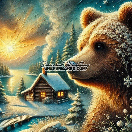 Le Noël de l'Ours et de la Cabane (100cm x 100cm) - UnBrunBarbu