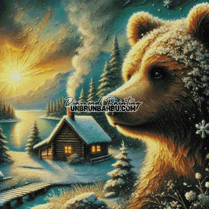 Le Noël de l'Ours et de la Cabane (100cm x 100cm) - UnBrunBarbu