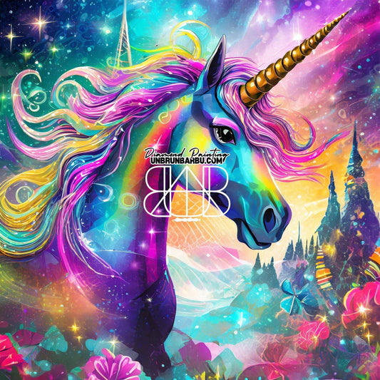 L'Enchantement de la Licorne Arc - en - Ciel (100cm x 100cm) - UnBrunBarbu