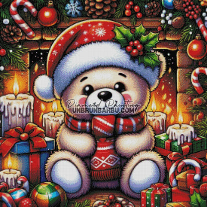 L’Ours de Noël au Coin du Feu (70cm x 70cm) - UnBrunBarbu