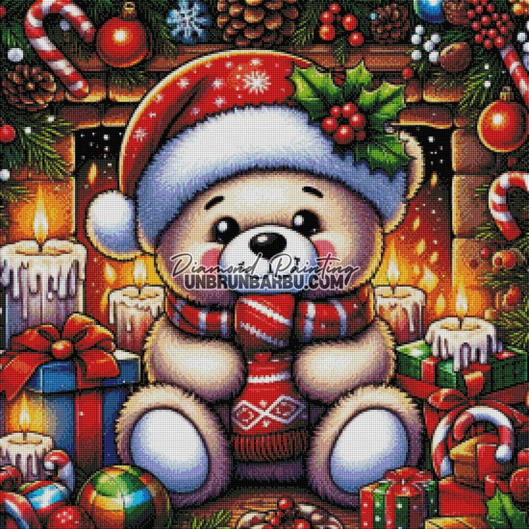 L’Ours de Noël au Coin du Feu (70cm x 70cm) - UnBrunBarbu
