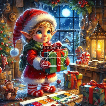 Lutin de Noël en Action (120cm x 120cm) - UnBrunBarbu