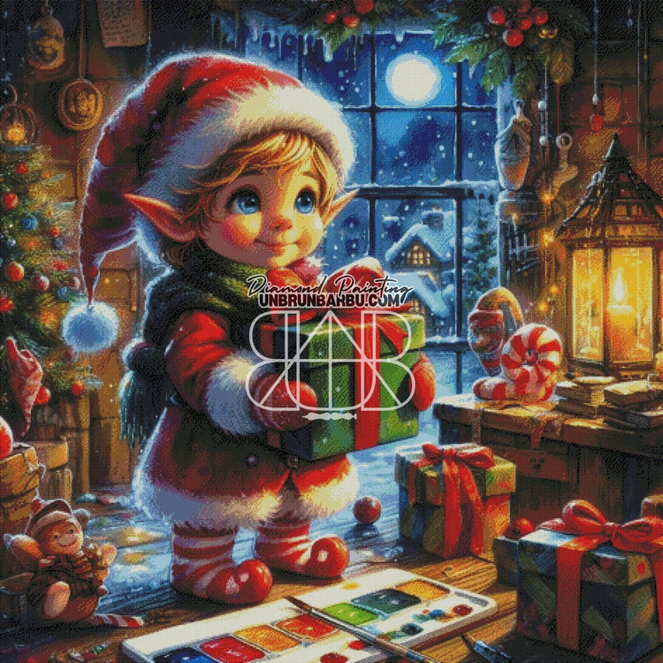 Lutin de Noël en Action (120cm x 120cm) - UnBrunBarbu