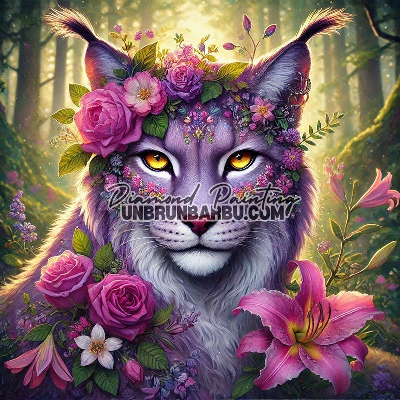 Lynx aux Fleurs d’Aurore (100cm x 100cm) - UnBrunBarbu