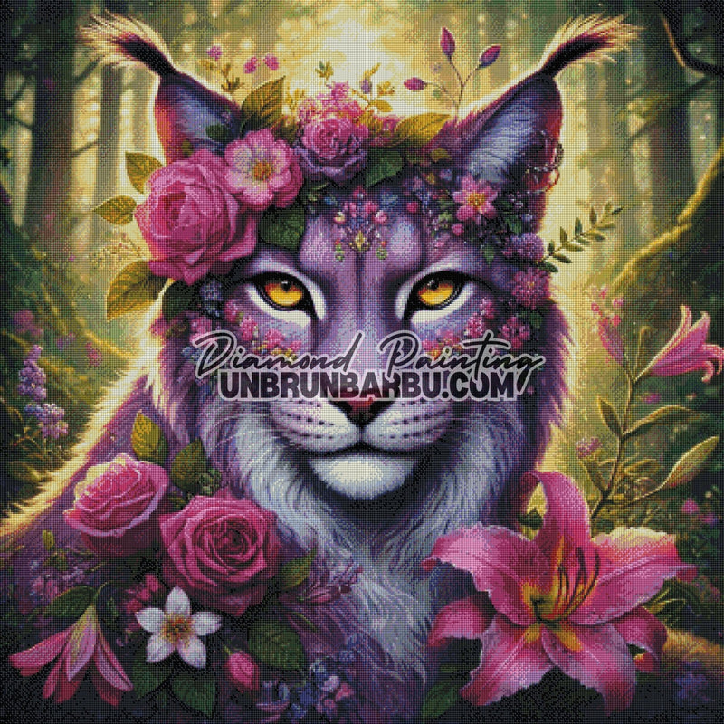 Lynx aux Fleurs d’Aurore (100cm x 100cm) - UnBrunBarbu
