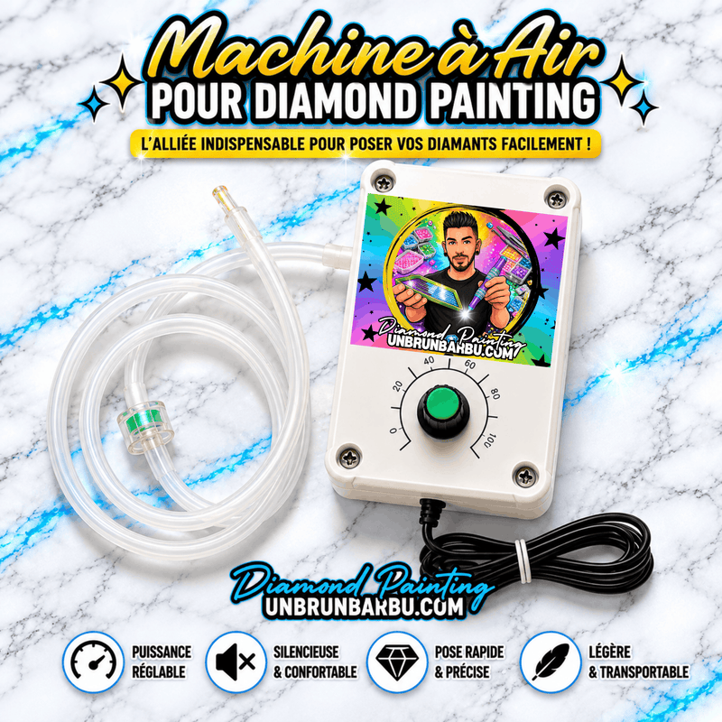 Machine à air électrique pour Diamond Painting UnBrunBarbu avec puissance réglable, tuyau transparent et filtre. Accessoire silencieux et transportable pour faciliter la pose rapide et précise des diamants.