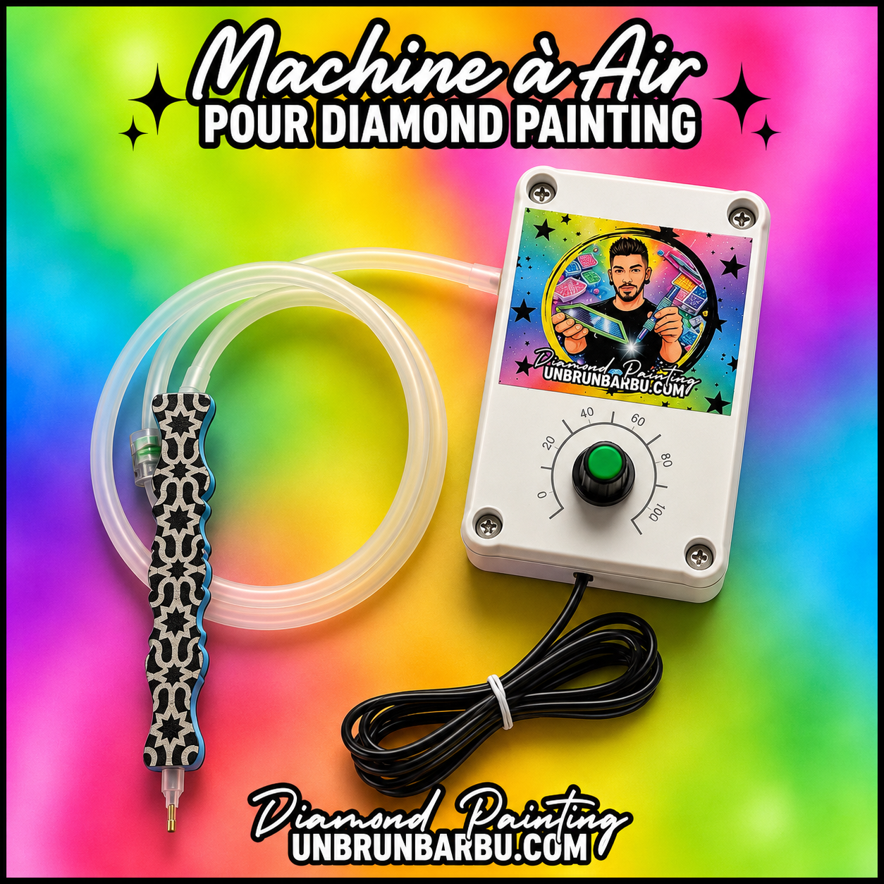 Machine à air pour Diamond Painting UnBrunBarbu avec stylet à air, tuyau et alimentation USB pour une pose rapide et précise des diamants.