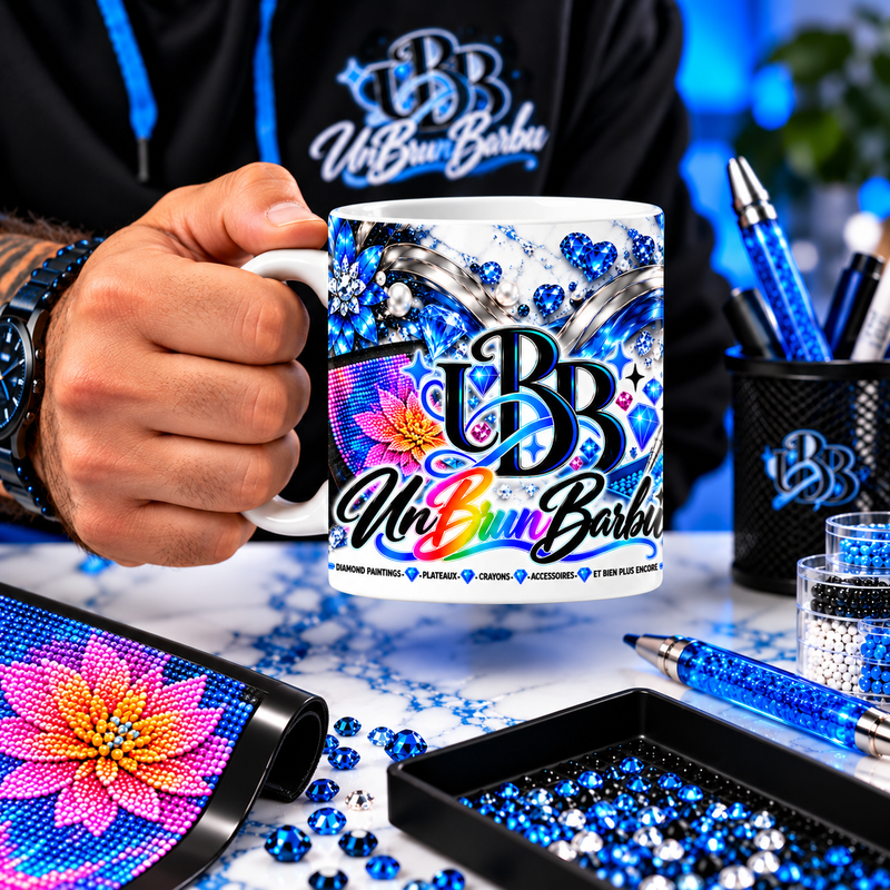 Mug Diamond Painting UBB Éclat Bleu tenu en main au-dessus d’un espace créatif, avec toile fleurie, plateau et crayons.