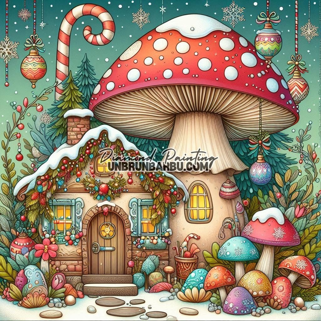 Noël fantastique, Maison Champignon (90cm x 90cm) - UnBrunBarbu