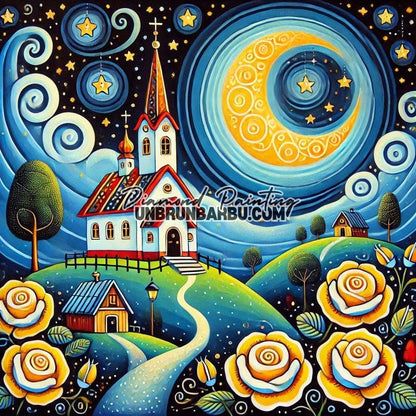 Nuit Enchantée de l'Église sur la Colline (80cm x 80cm) - UnBrunBarbu