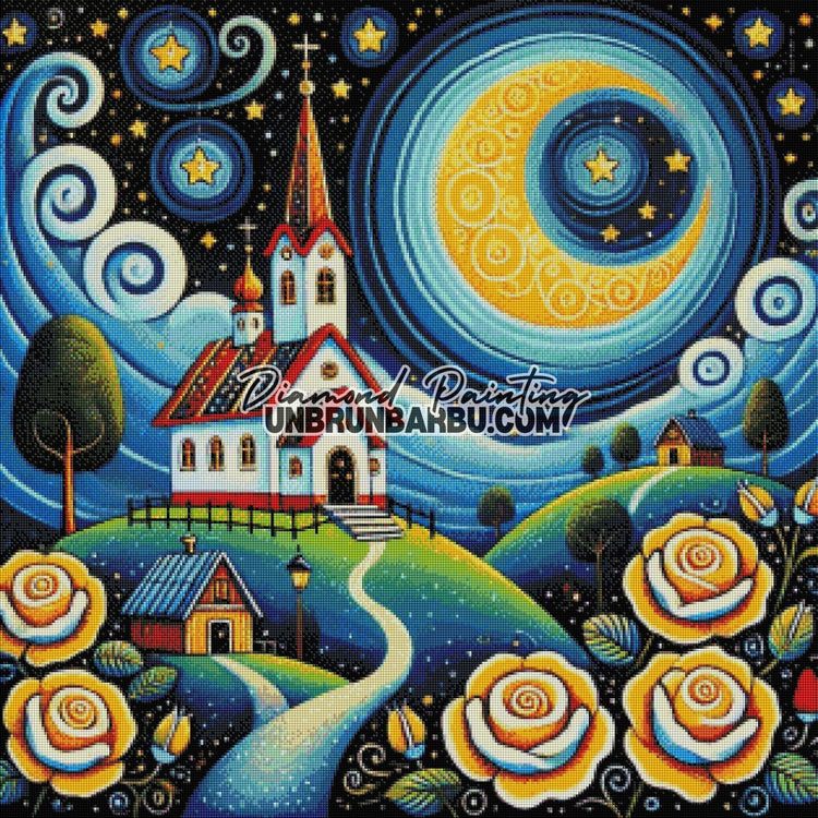 Nuit Enchantée de l'Église sur la Colline (80cm x 80cm) - UnBrunBarbu