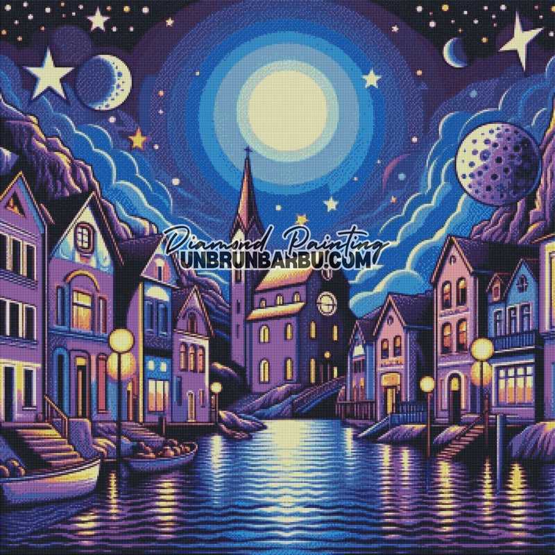 Nuit Enchantée du Village Lunaire (90cm x 90cm) - UnBrunBarbu