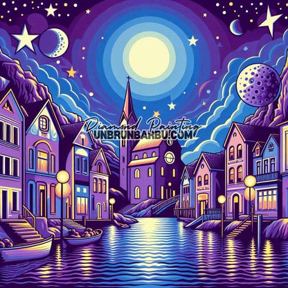Nuit Enchantée du Village Lunaire (90cm x 90cm) - UnBrunBarbu