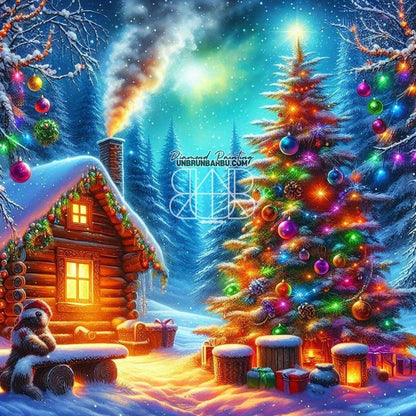 Nuit Polaire Cabane Féérique. (120cm x 120cm) - UnBrunBarbu