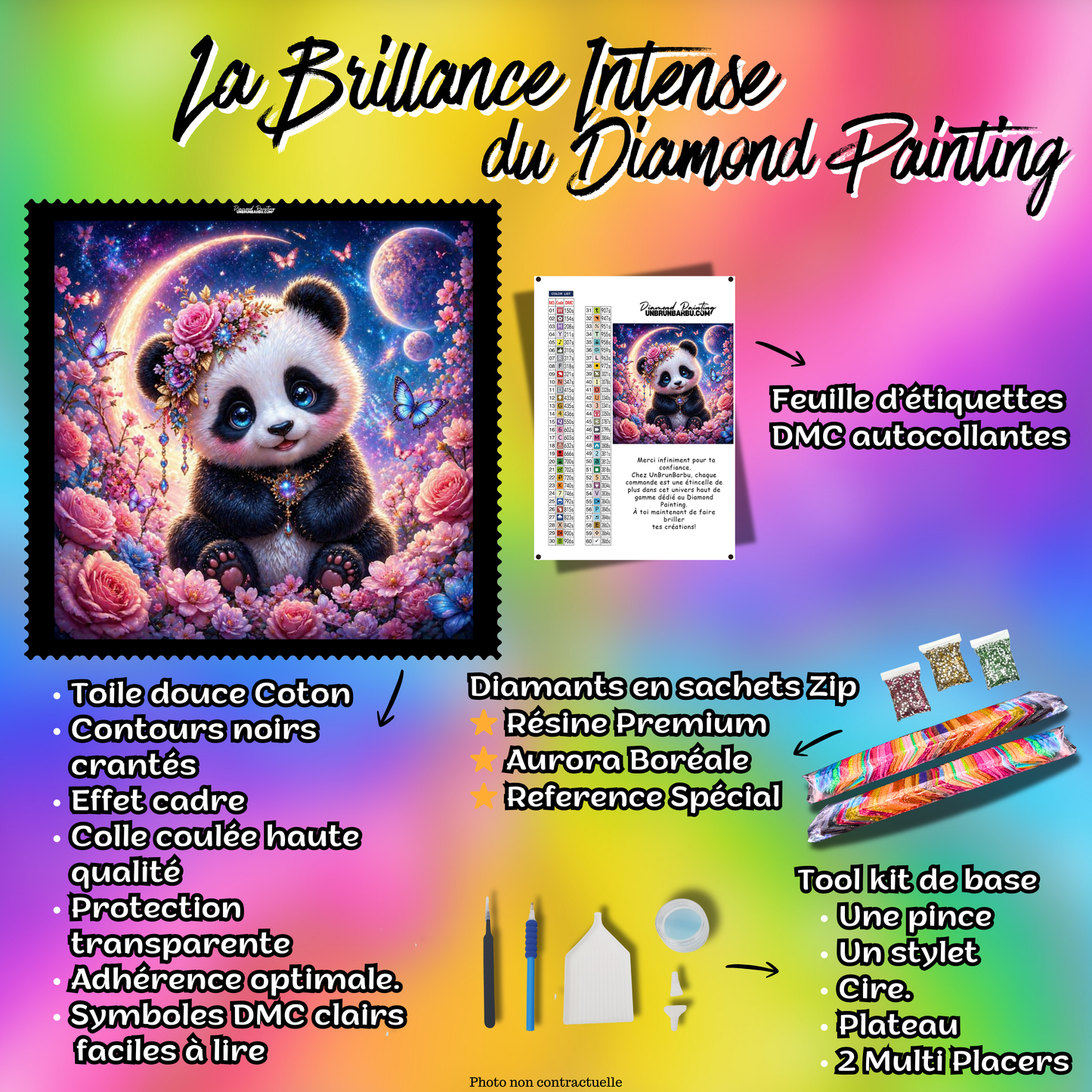 Diamond Painting Panda Floral sous la Lune Magique 110x110 cm kit complet