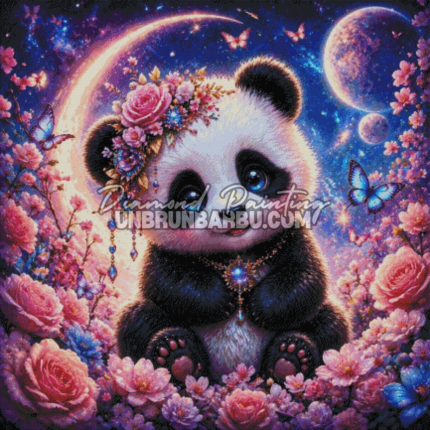Diamond Painting Panda Floral sous la Lune Magique 110x110 cm rendu diamante