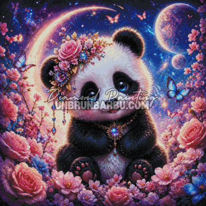Diamond Painting Panda Floral sous la Lune Magique 110x110 cm rendu diamante
