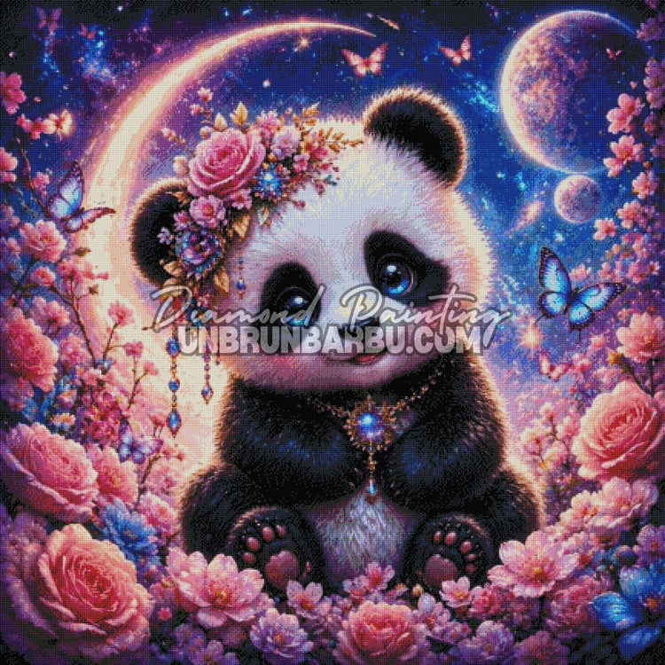 Diamond Painting Panda Floral sous la Lune Magique 110x110 cm rendu diamante