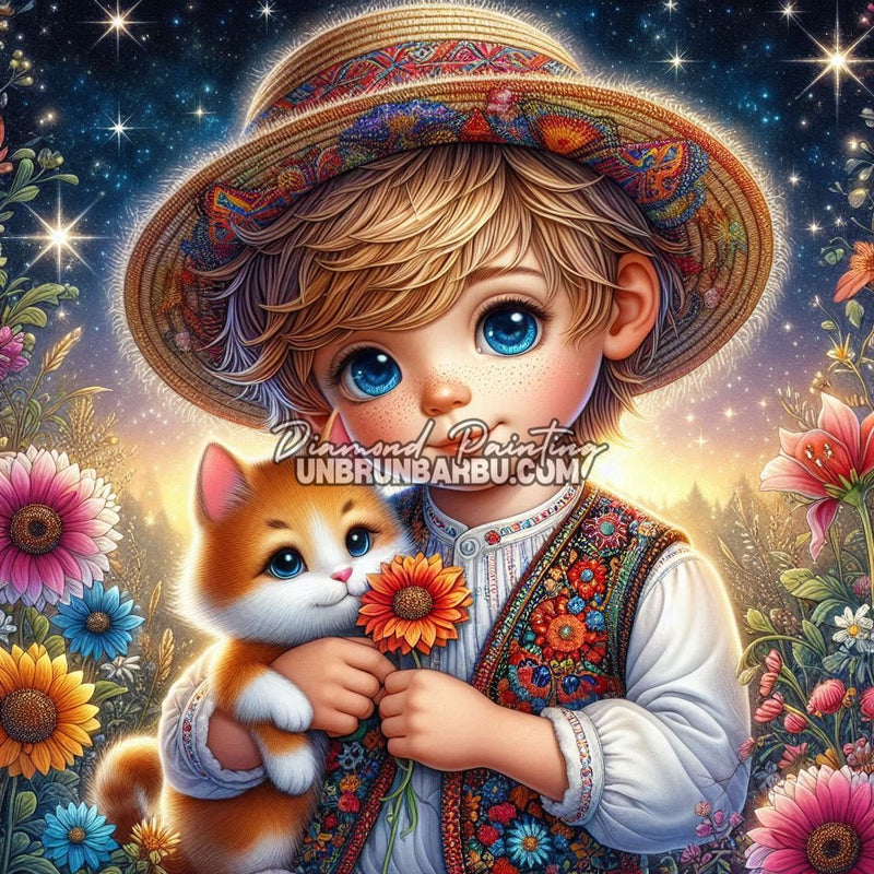 Petit Garçon et la Magie des Fleurs (110cm x 110cm) - UnBrunBarbu