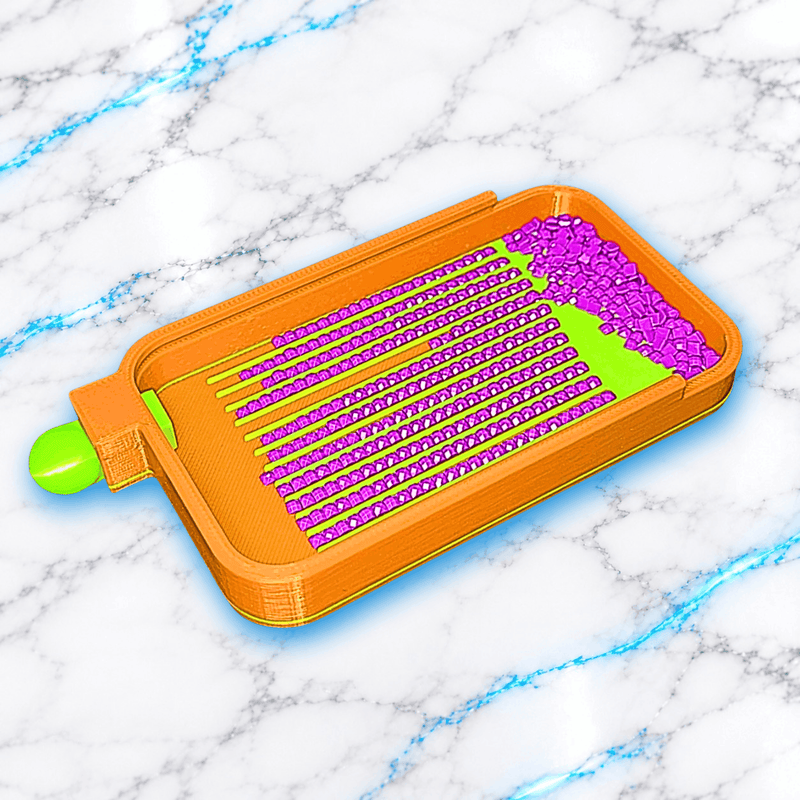 Plateau 3D Diamond Painting No Washi Wavy Medium orange et vert fluorescent ouvert, avec diamants violets alignés dans les rainures et bouchon verseur vert, création UnBrunBarbu.